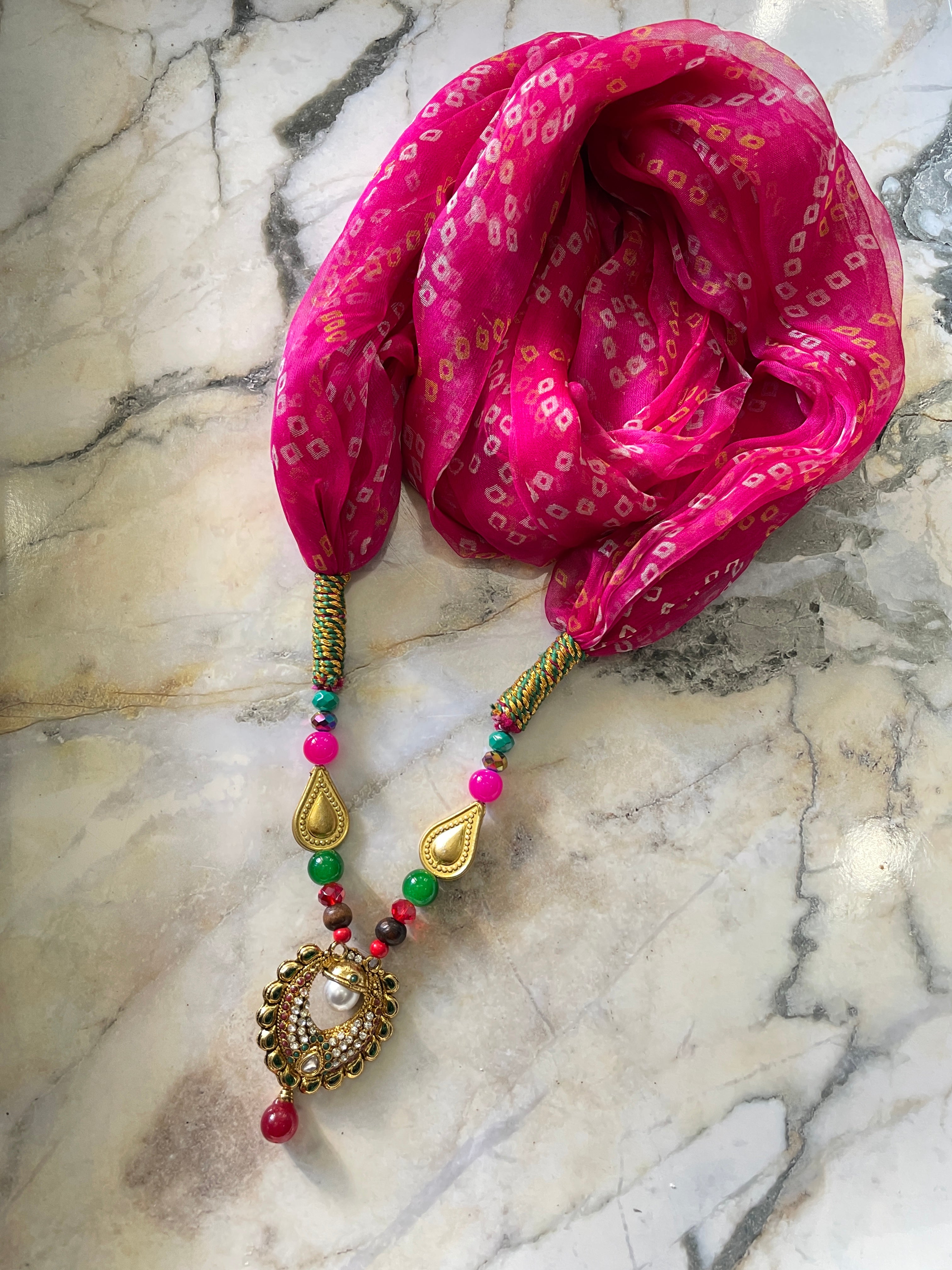 Chiffon Necklace Bandhani Scarf - Pink