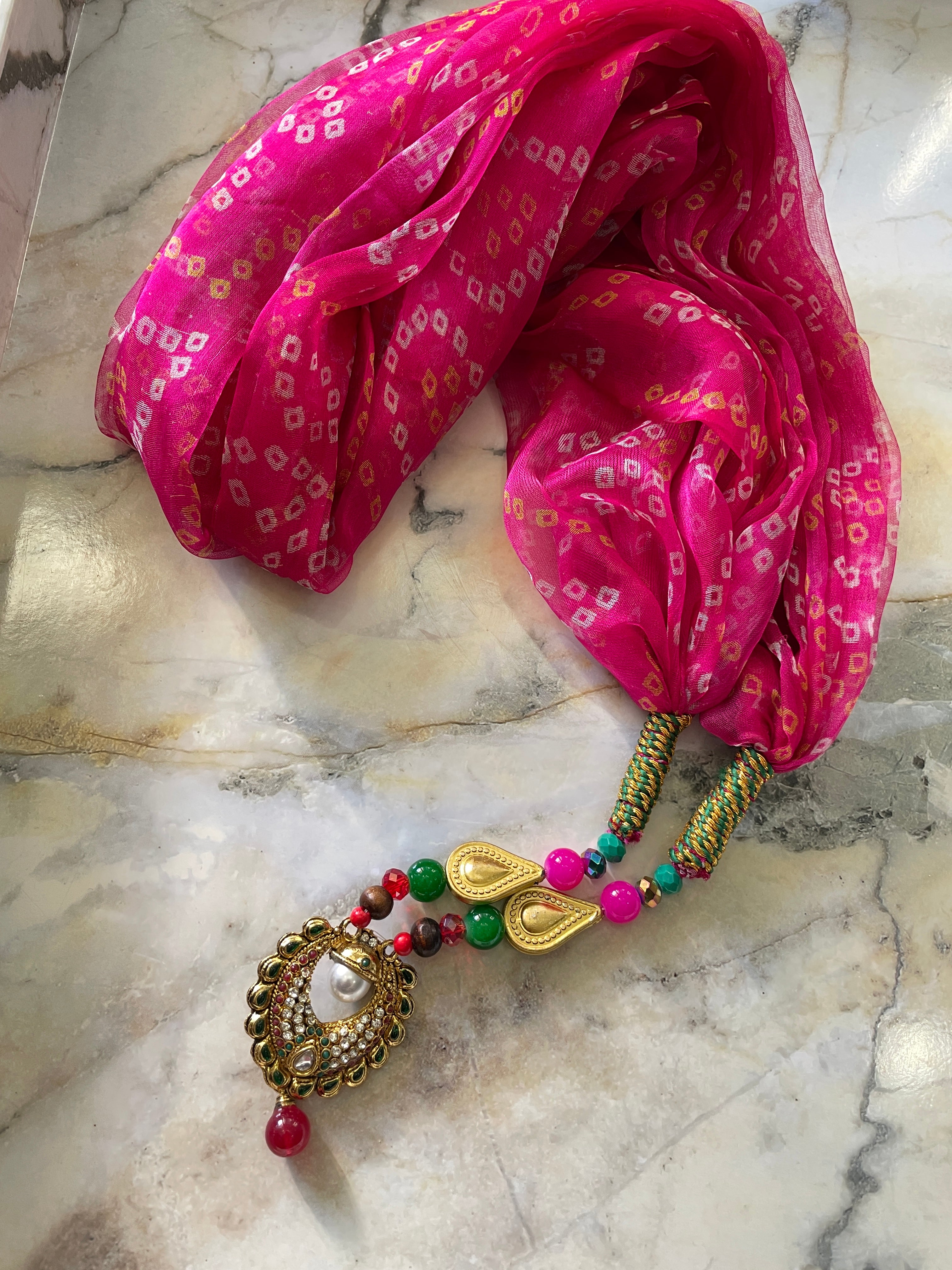 Chiffon Necklace Bandhani Scarf - Pink