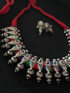 Antique Silver Cord Necklace Set - Red Multicolor