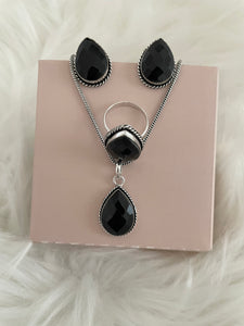 Stone Teardrop Necklace Set - Black