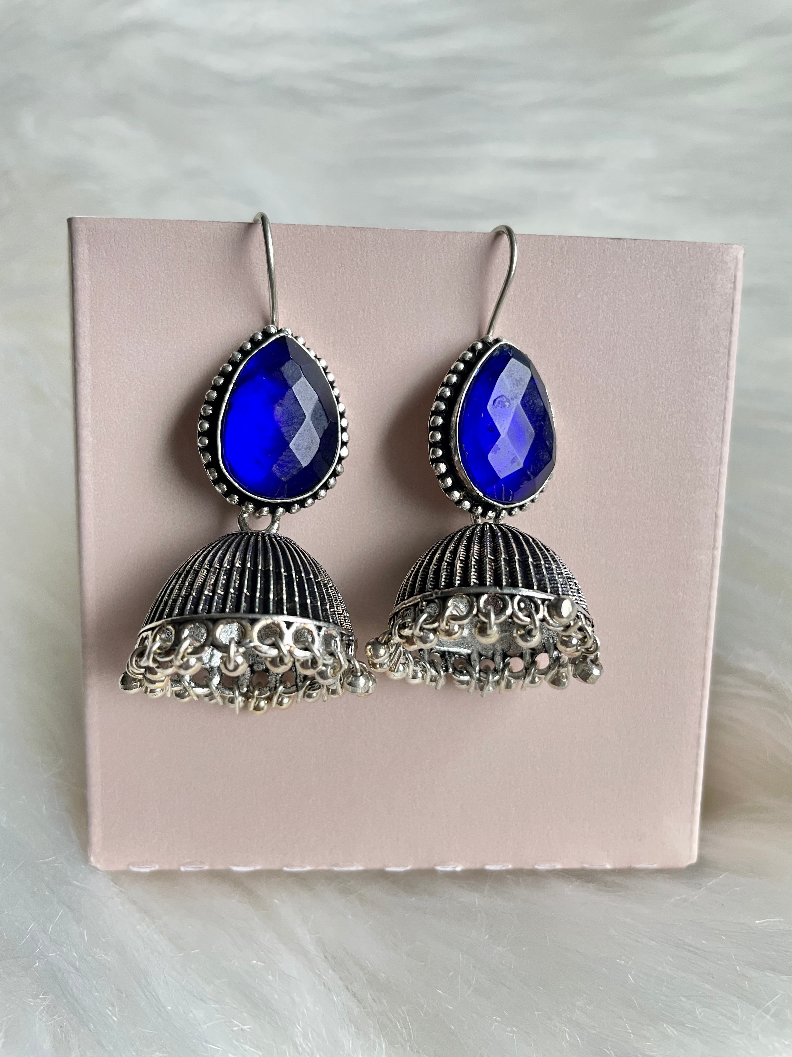 Stone Jhumka Earrings - Royal Blue