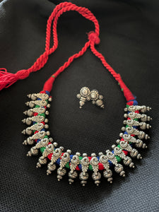 Antique Silver Cord Necklace Set - Red Multicolor