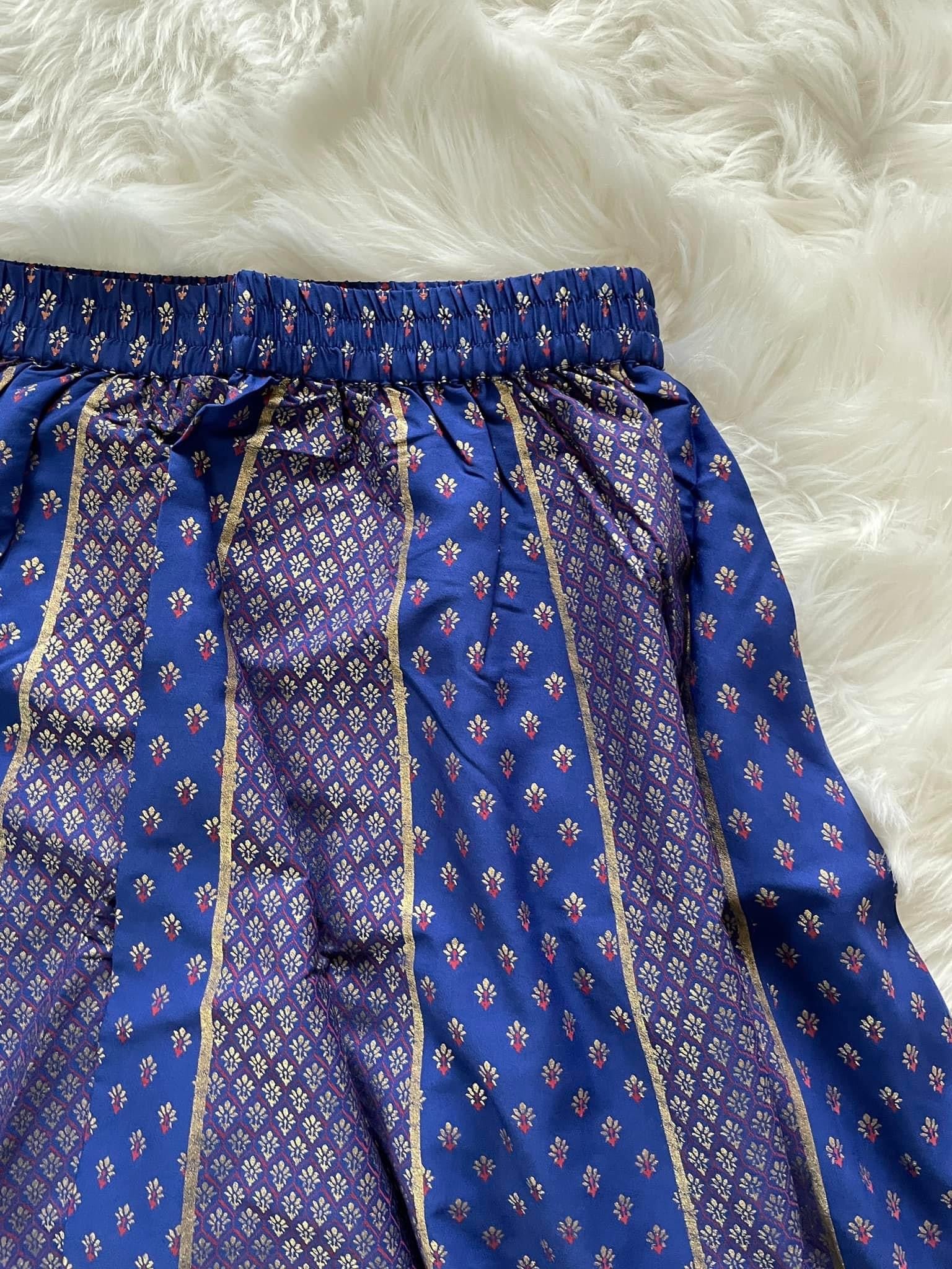 Silk Gold Print Skirt - Cobalt Blue