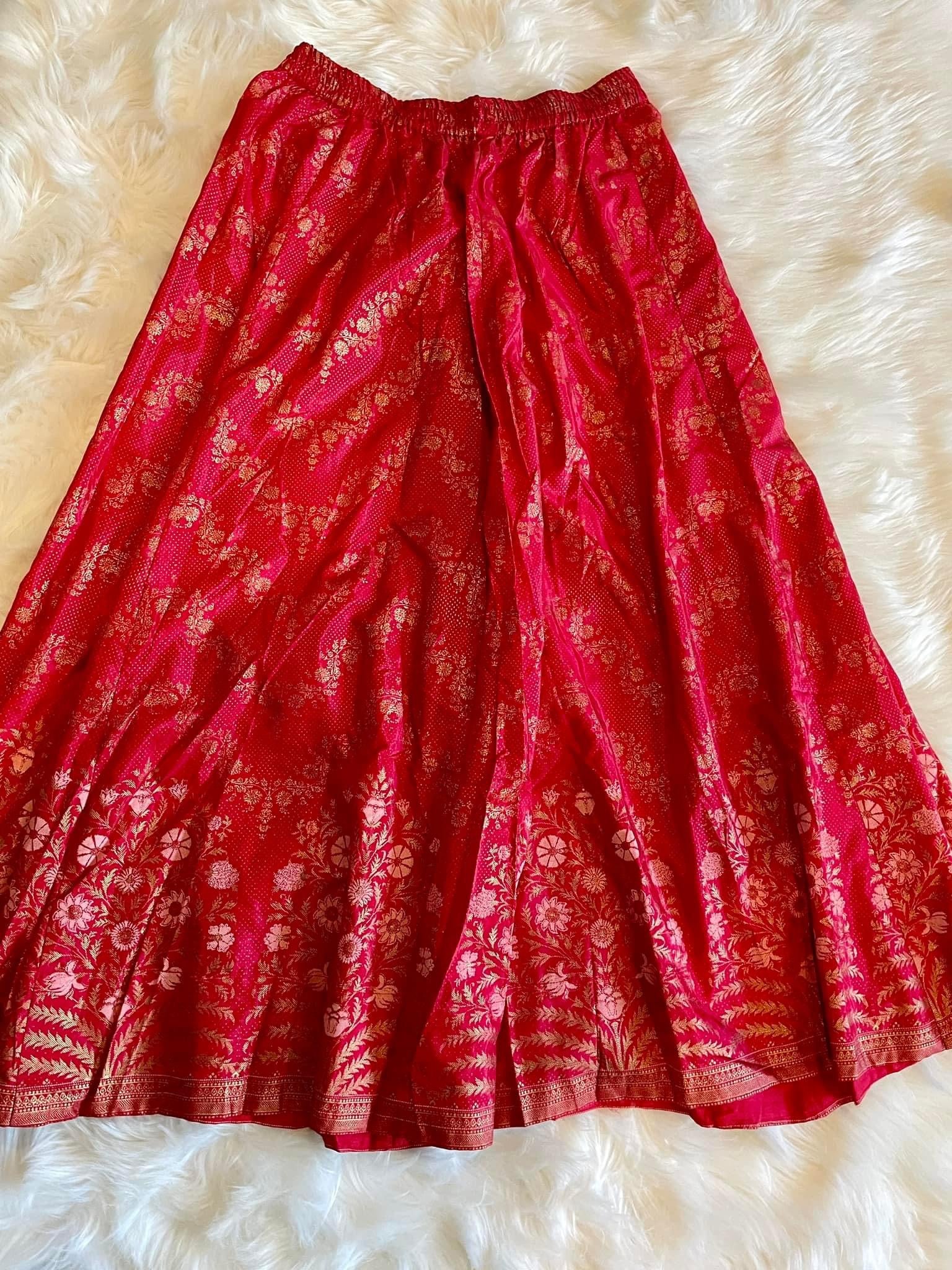 Silk Gold Print Skirt -  Red