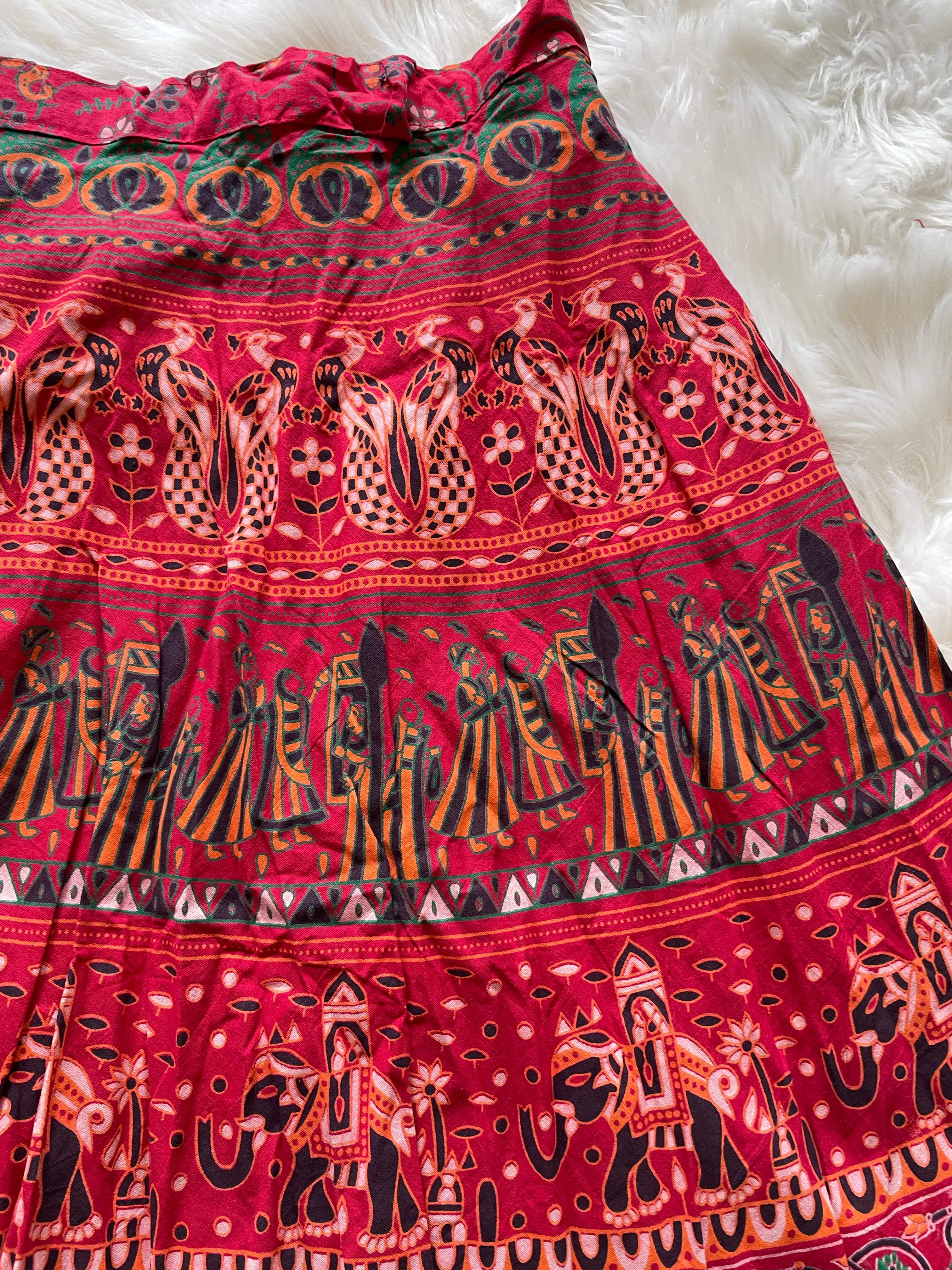 Wraparound Block Print Skirt - Red