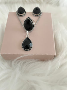 Stone Teardrop Necklace Set - Black