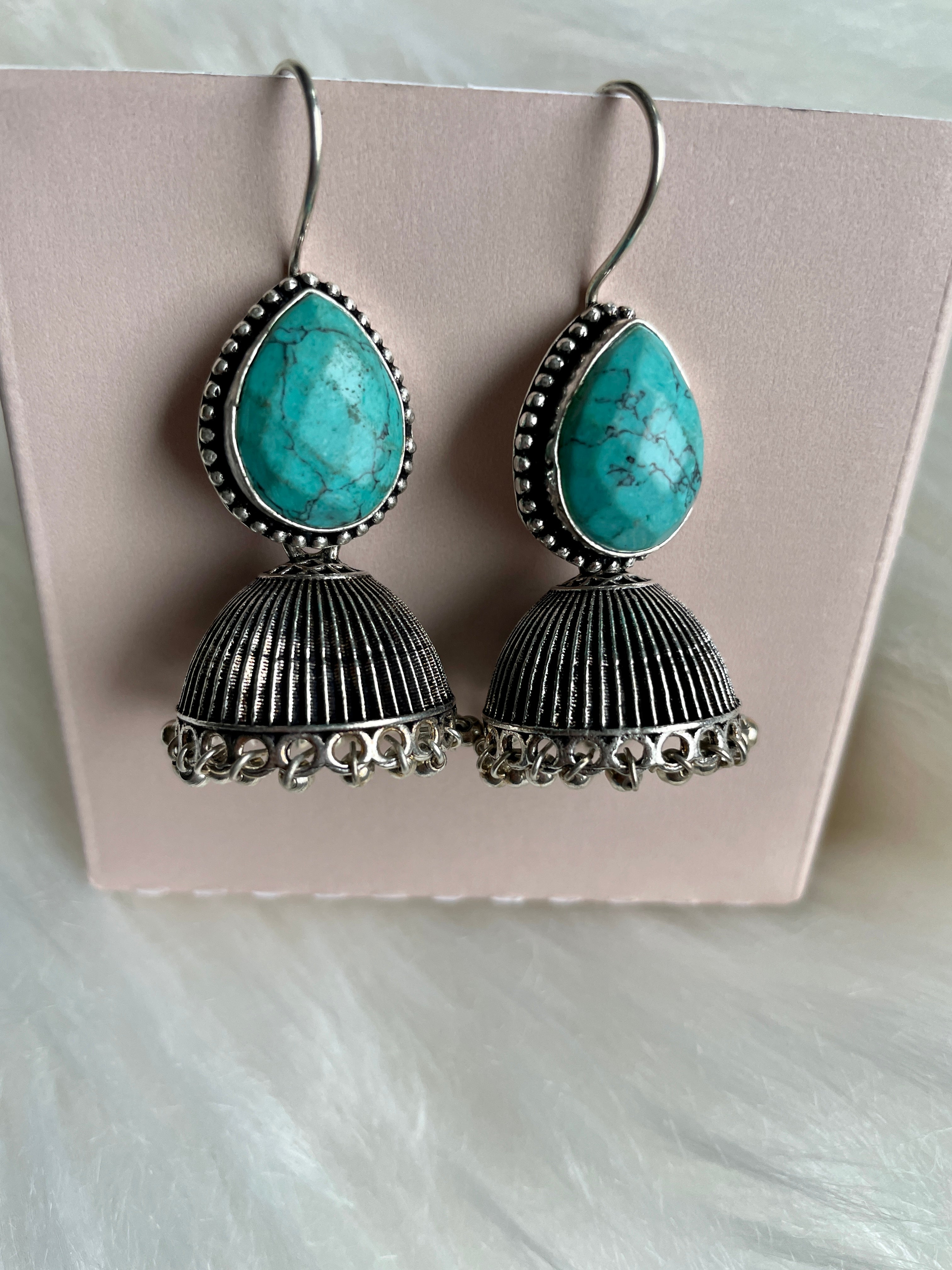 Stone Jhumka Earrings - Turquoise