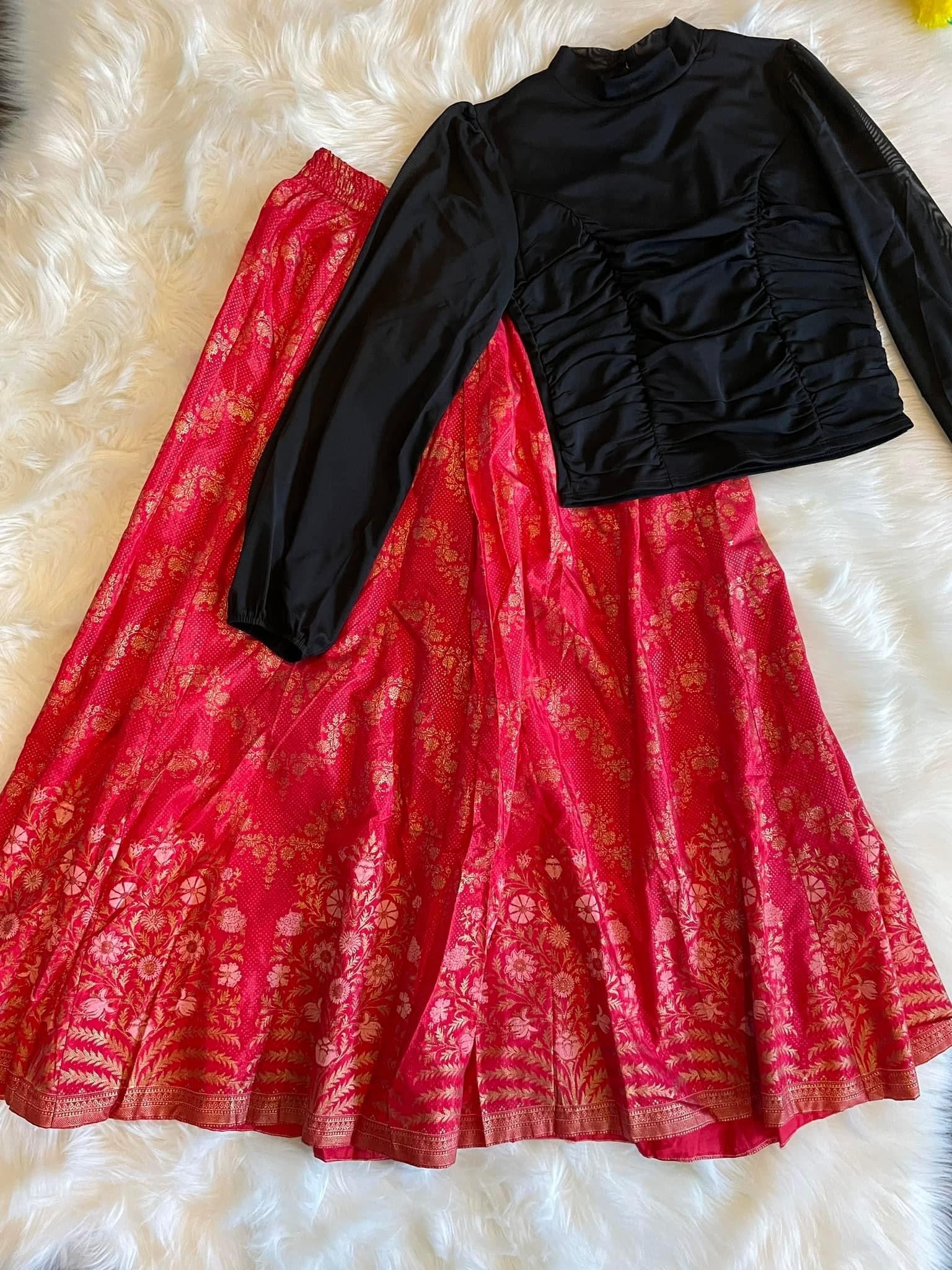 Silk Gold Print Skirt -  Red