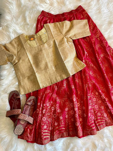 Silk Gold Print Skirt -  Red