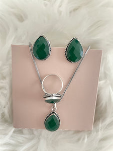 Stone Teardrop Necklace Set - Emerald Green