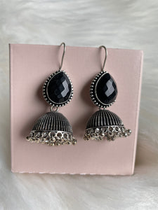 Stone Jhumka Earrings - Black - Red