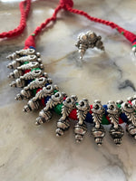 Load image into Gallery viewer, Antique Silver Cord Necklace Set - Red Multicolor
