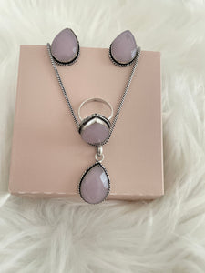 Stone Teardrop Necklace Set - Rose quartz