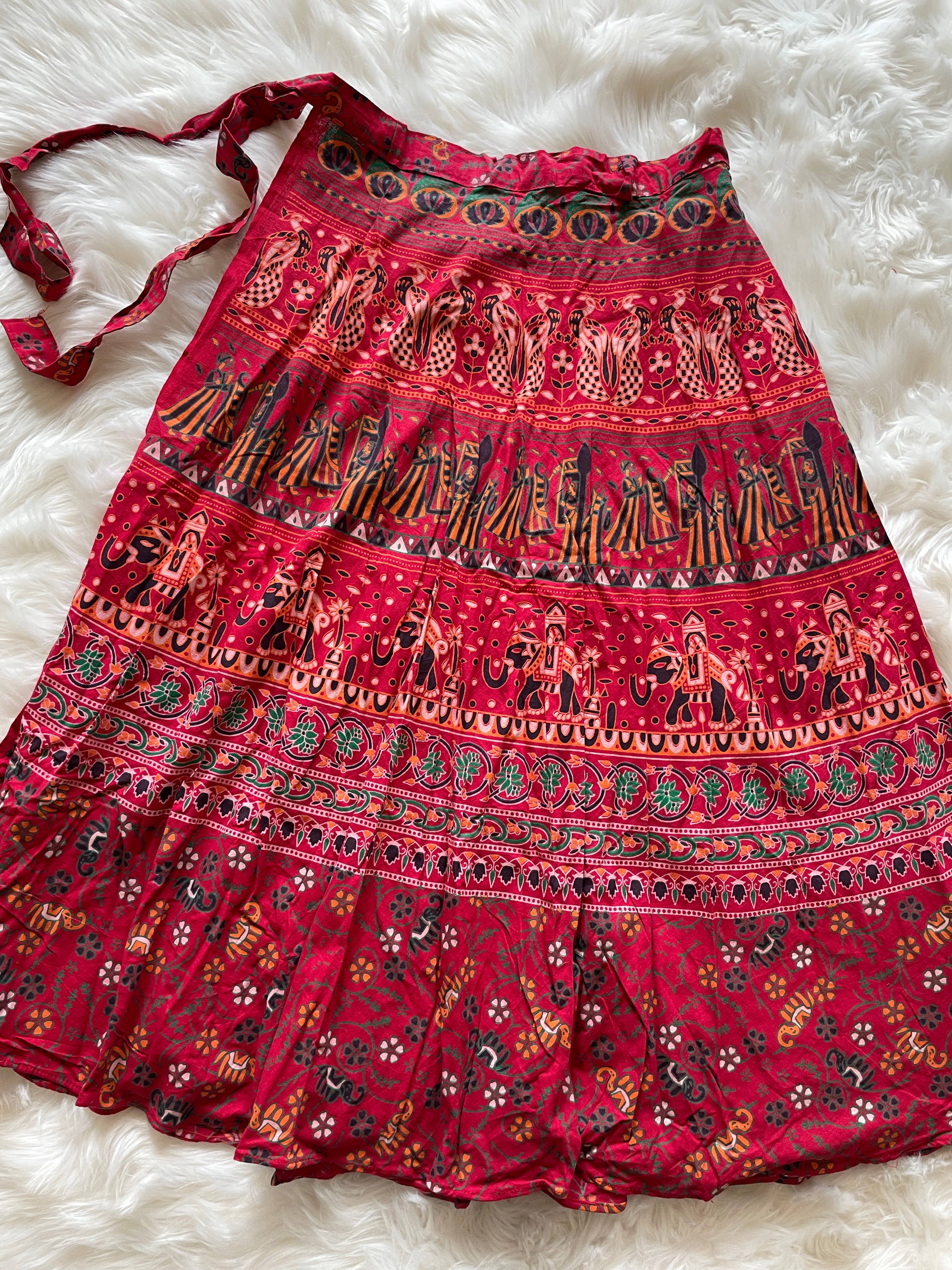 Wraparound Block Print Skirt - Red