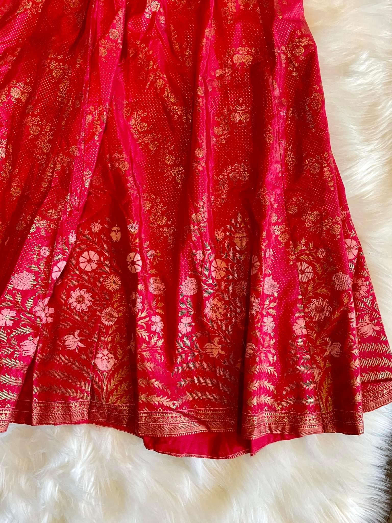 Silk Gold Print Skirt -  Red