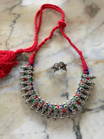 Load image into Gallery viewer, Antique Silver Cord Necklace Set - Red Multicolor
