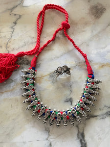 Antique Silver Cord Necklace Set - Red Multicolor