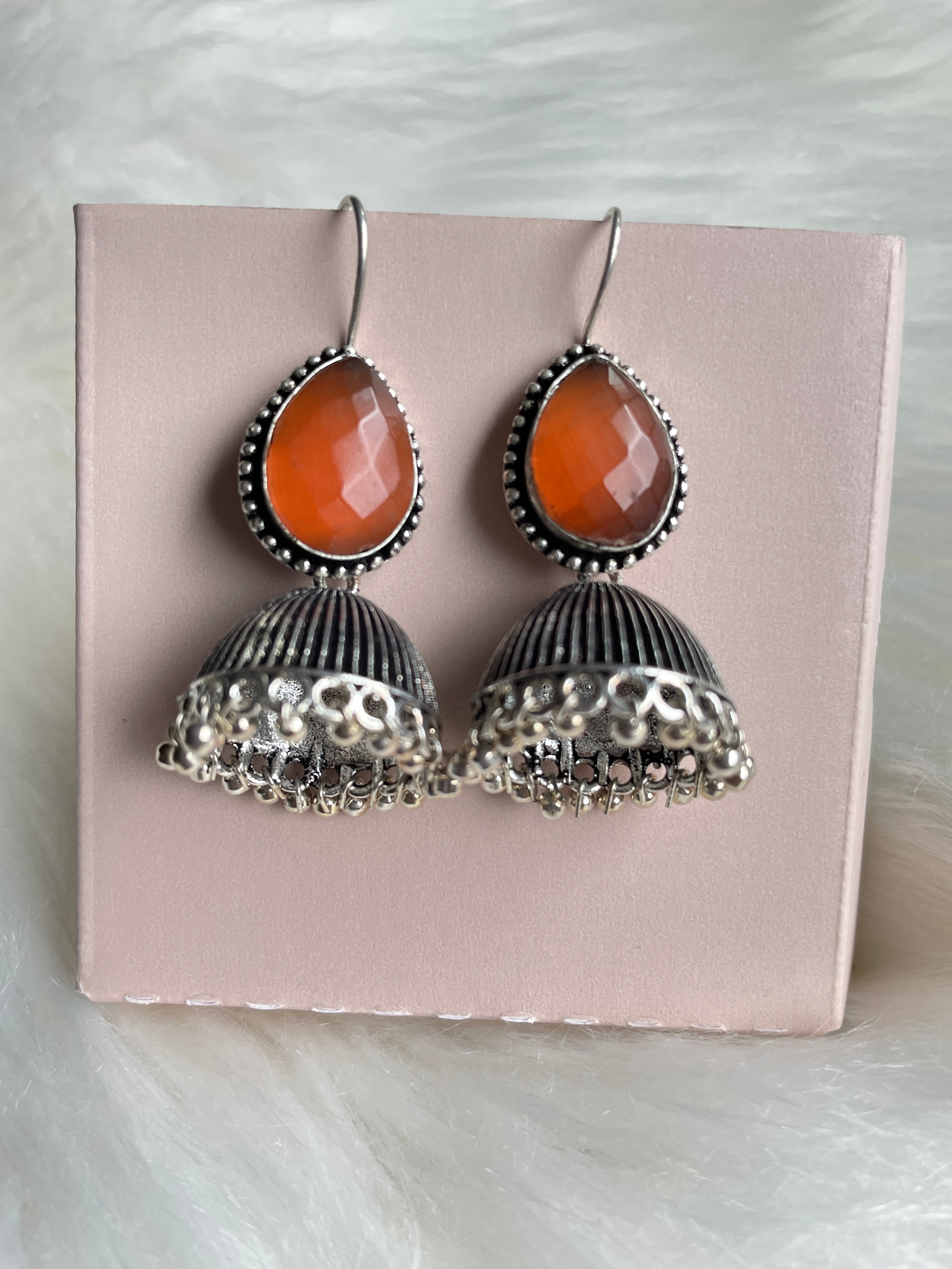 Stone Jhumka Earrings - Orange