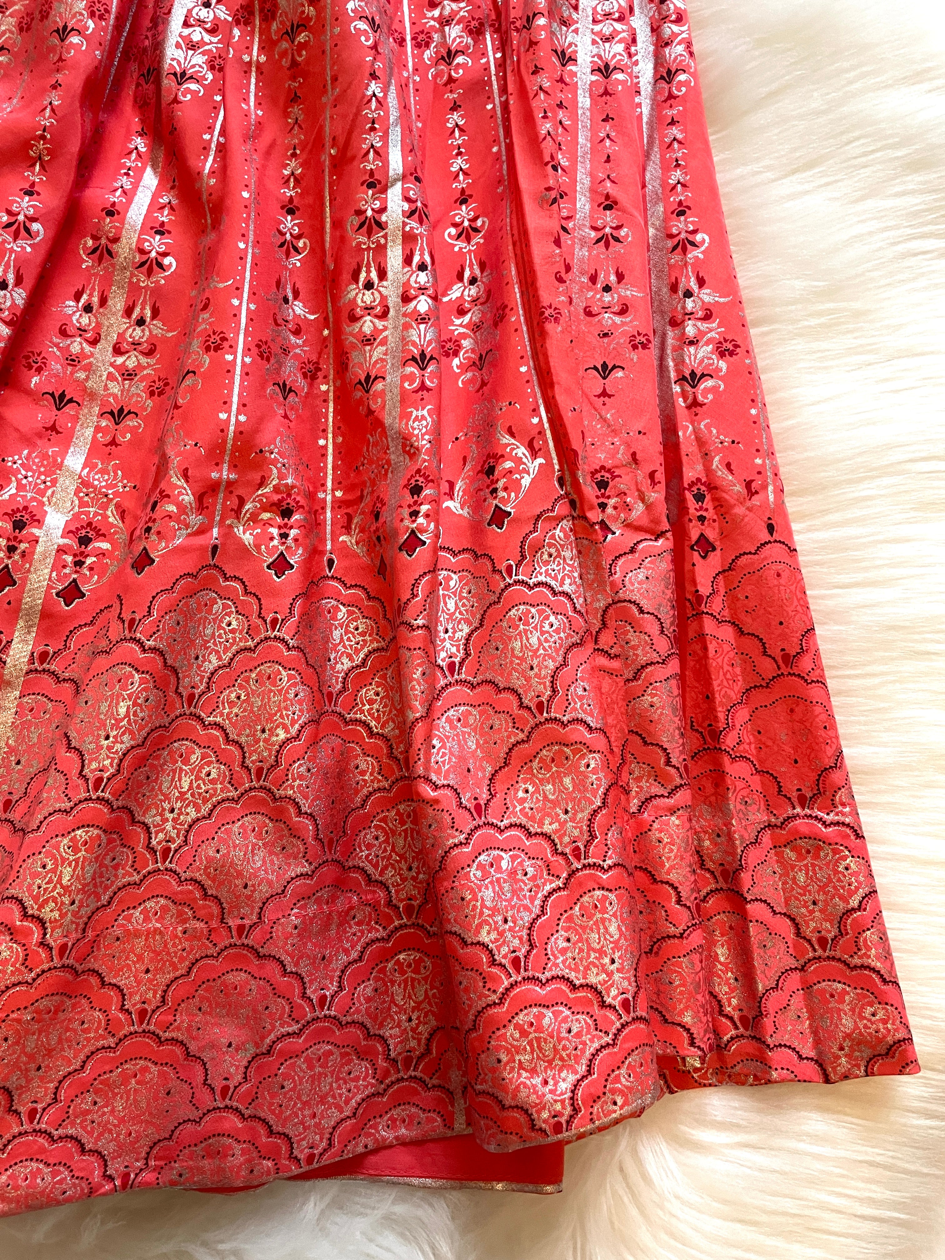 Silk Silver Print Skirt - Coral