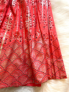 Silk Silver Print Skirt - Coral