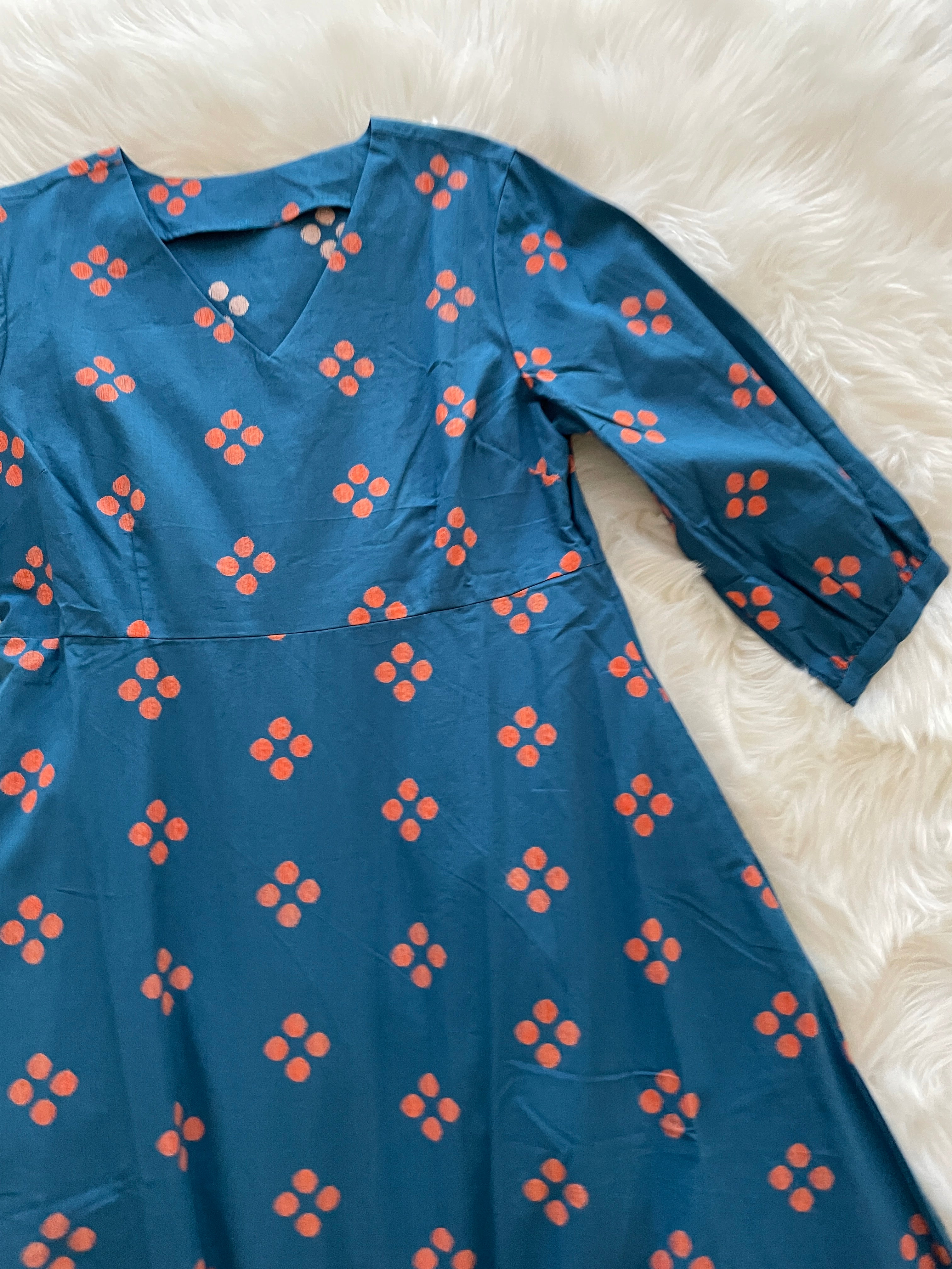 Cotton Block Print Dress - Indigo Blue