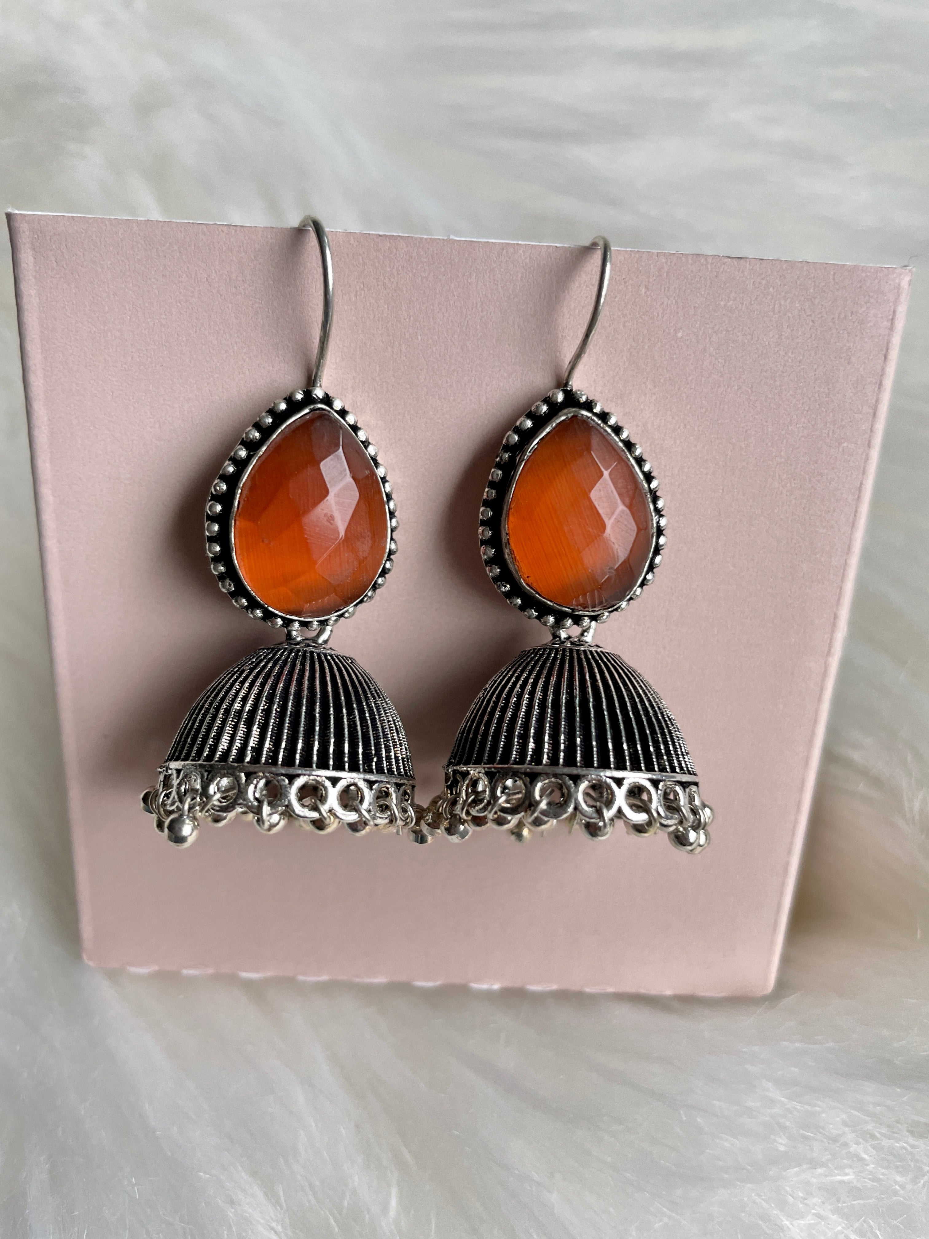 Stone Jhumka Earrings - Orange