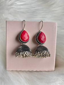 Stone Jhumka Earrings - Red