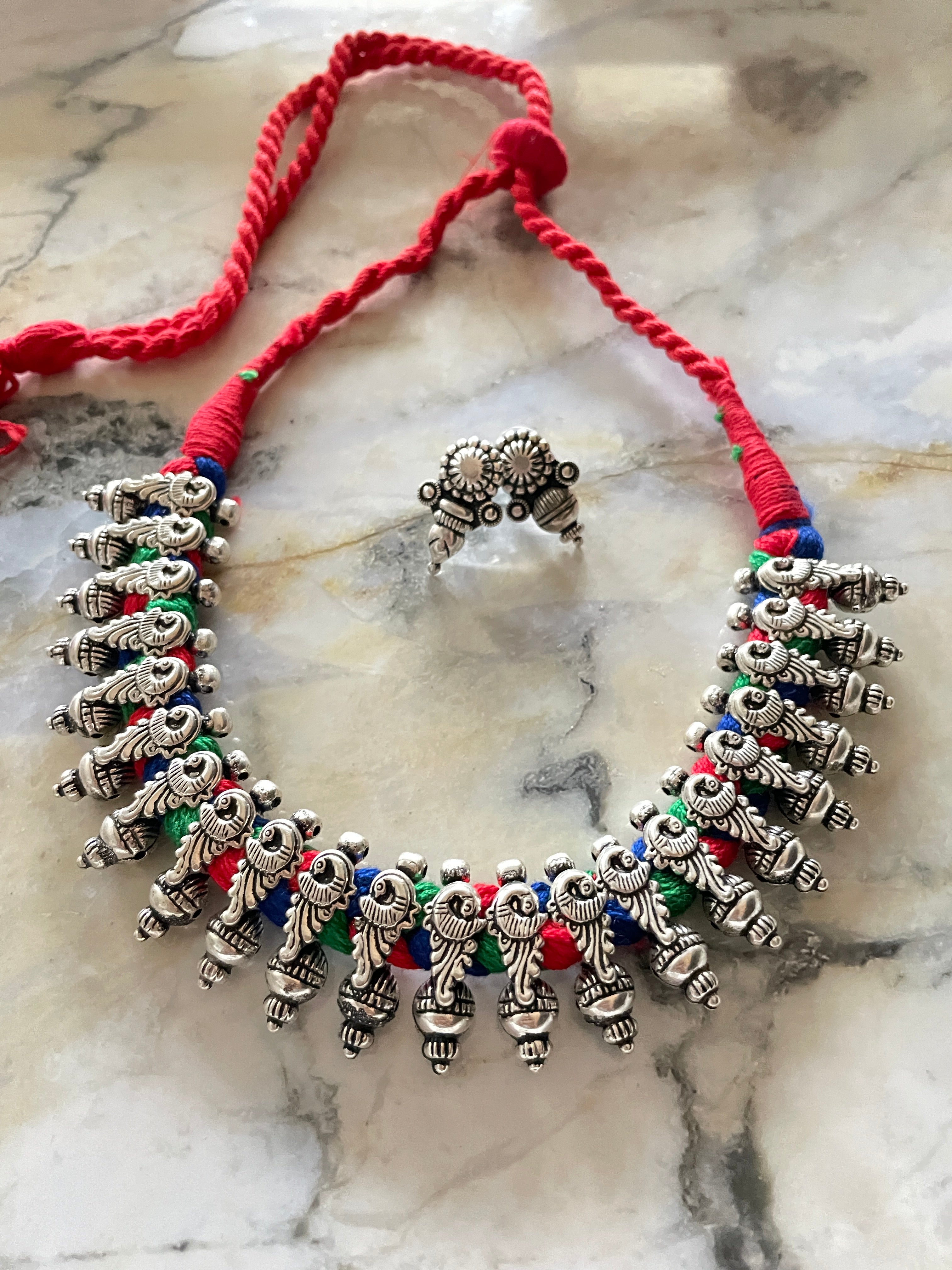 Antique Silver Cord Necklace Set - Red Multicolor