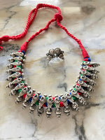 Load image into Gallery viewer, Antique Silver Cord Necklace Set - Red Multicolor
