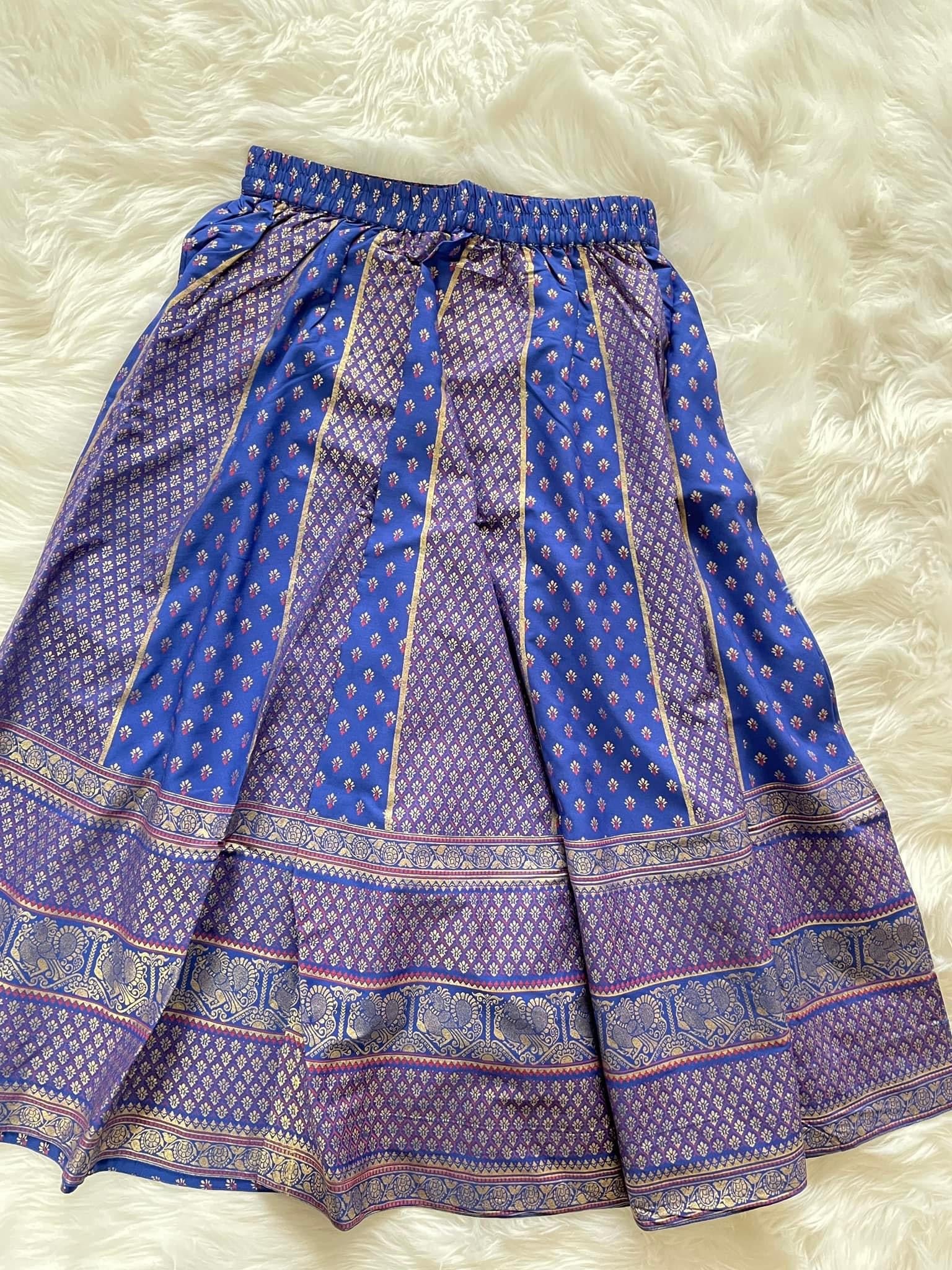 Silk Gold Print Skirt - Cobalt Blue