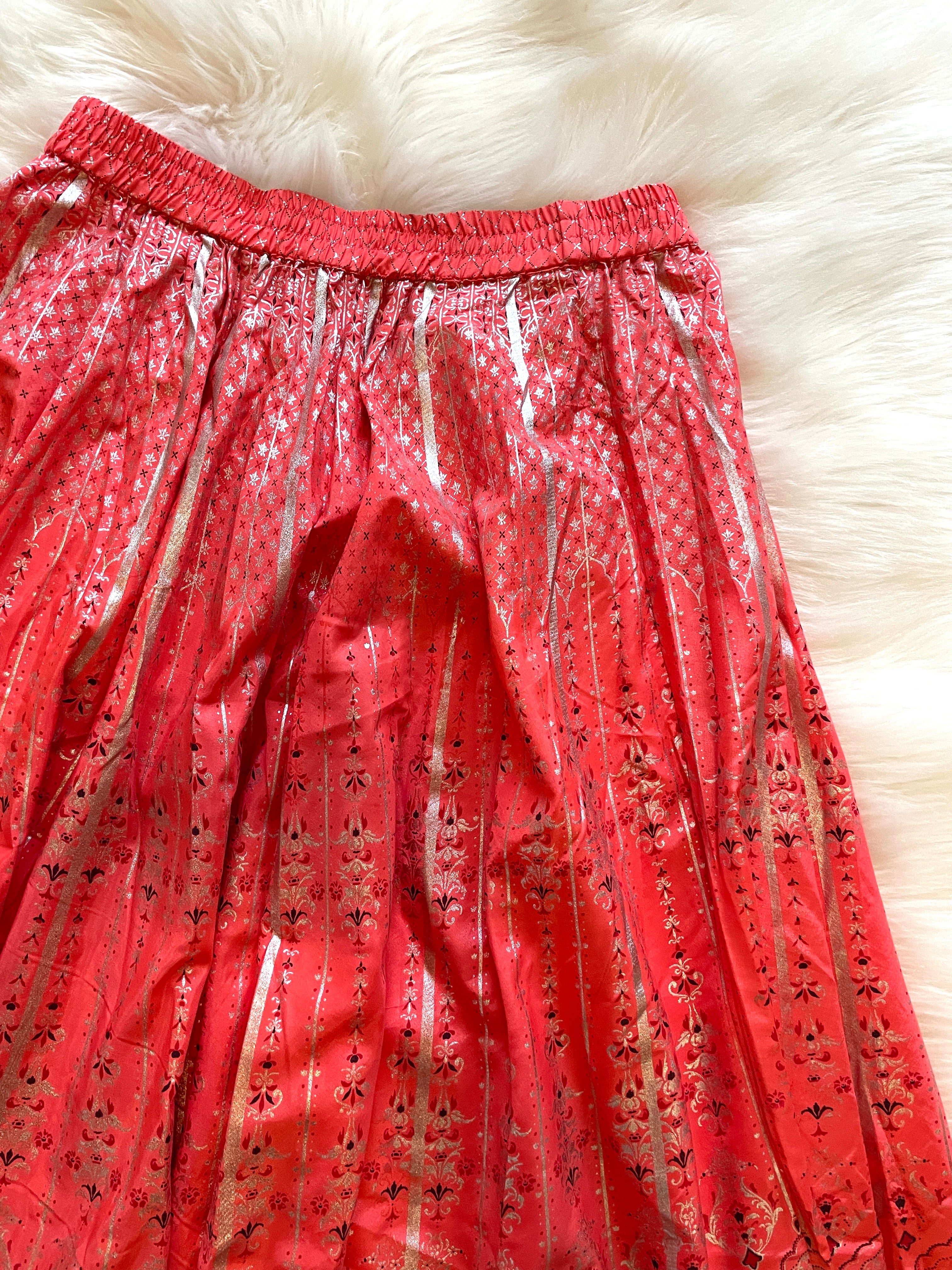 Silk Silver Print Skirt - Coral