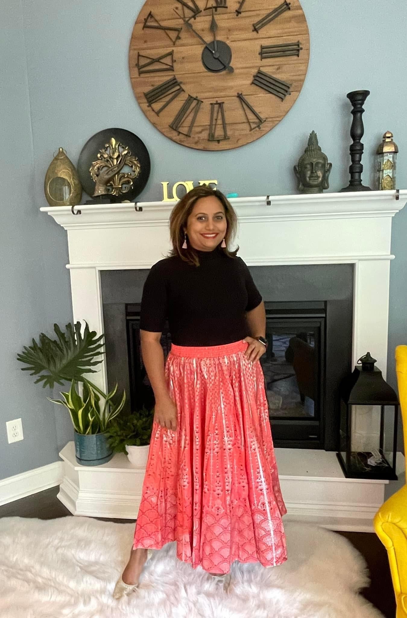 Silk Silver Print Skirt - Coral