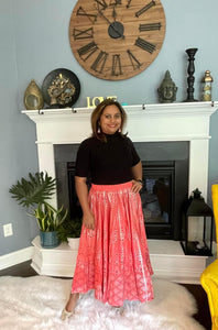 Silk Silver Print Skirt - Coral