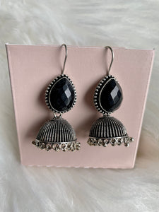 Stone Jhumka Earrings - Black - Red