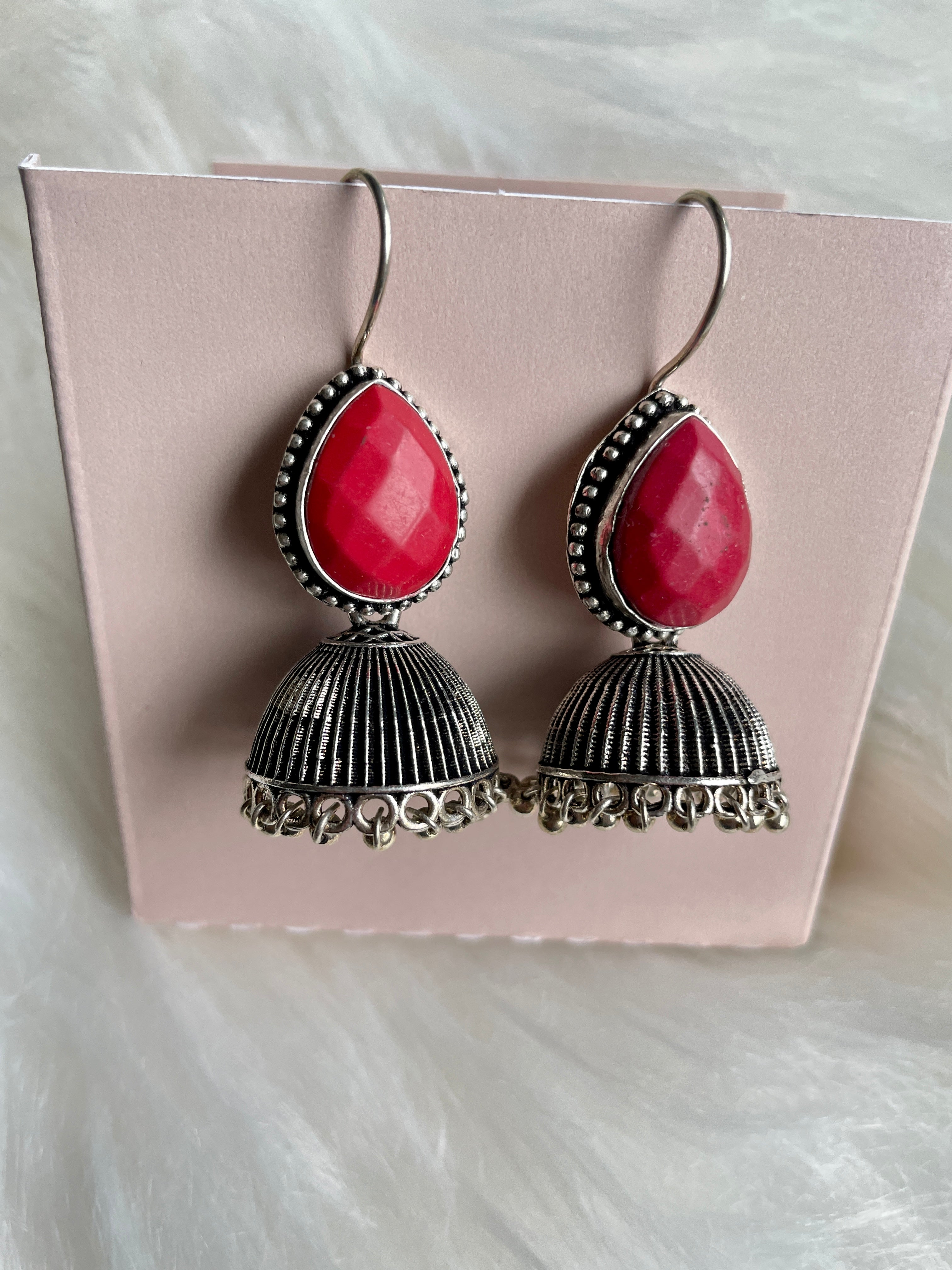 Stone Jhumka Earrings - Red