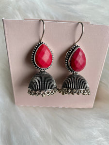 Stone Jhumka Earrings - Red