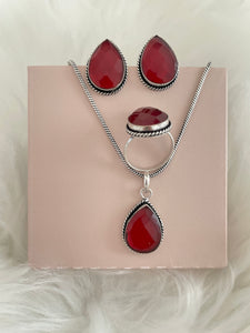 Stone Teardrop Necklace Set - Red/Garnet