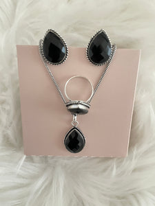 Stone Teardrop Necklace Set - Black