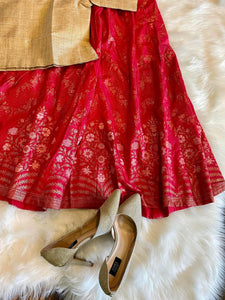 Silk Gold Print Skirt -  Red