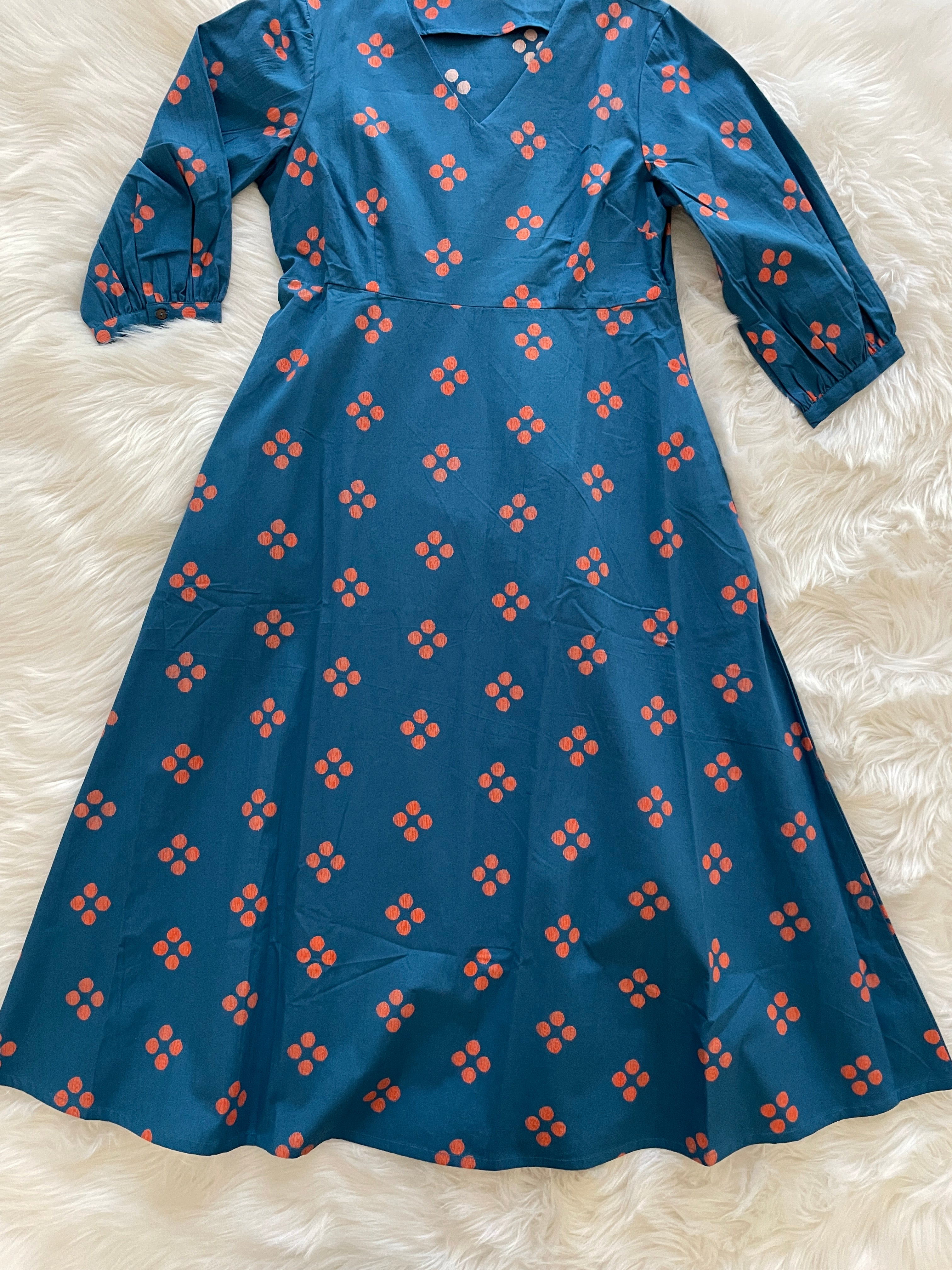 Cotton Block Print Dress - Indigo Blue